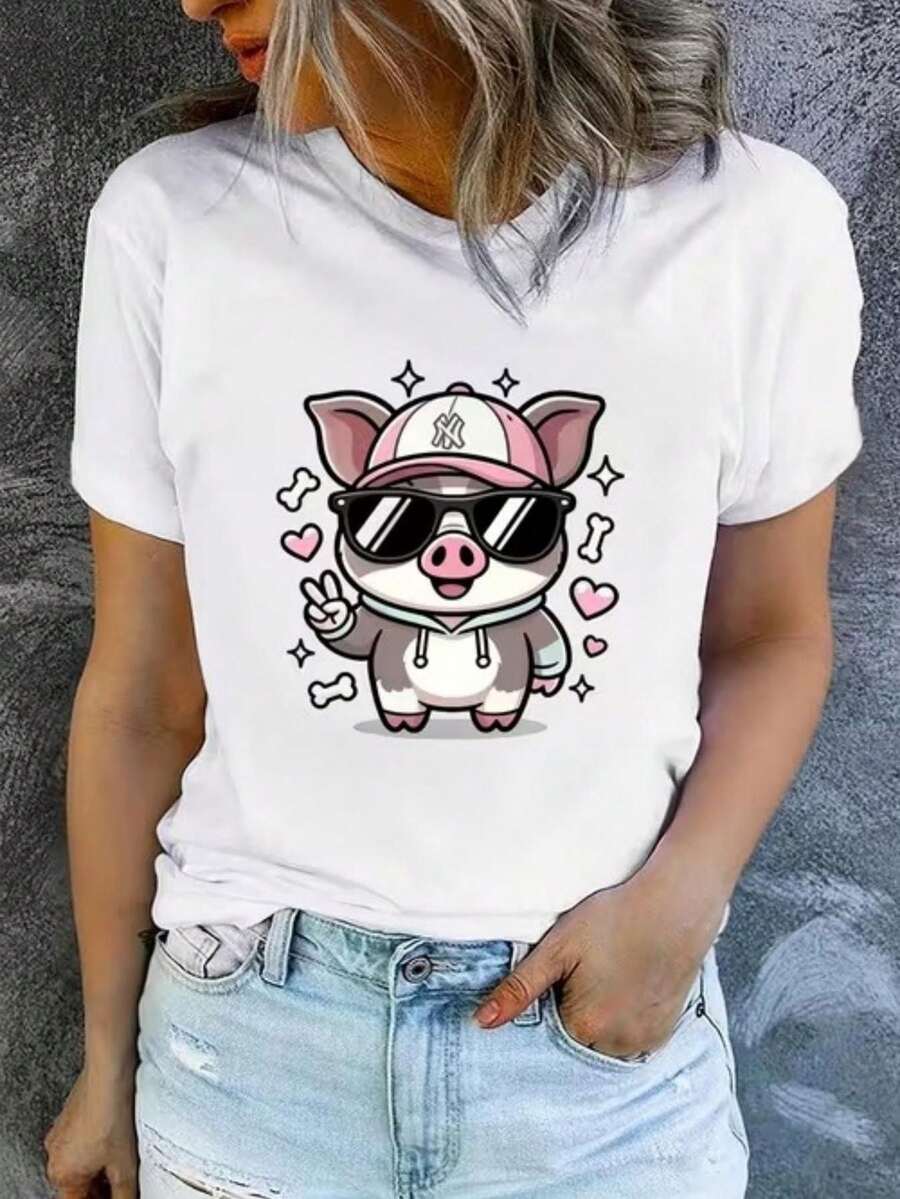 Casual Crew Neck T-Shirt, Plus Size T-Shirt For Women, Printed T-Shirt For Women, Printed With A Fun Design Of A Pig With A Hat And Sunglasses - Fun Print, Machine Washable, Casual And Versatile, Loose And Comfortable, A Perfect Gift For A Good Friend. - 白色 - 查看 1