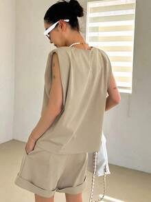 Conjunto de top sin mangas de cuello redondo y pantalones cortos de unicolor para mujer, conjunto casual de verano, conjuntos de dos piezas para mujer - Albaricoque - Ver 2