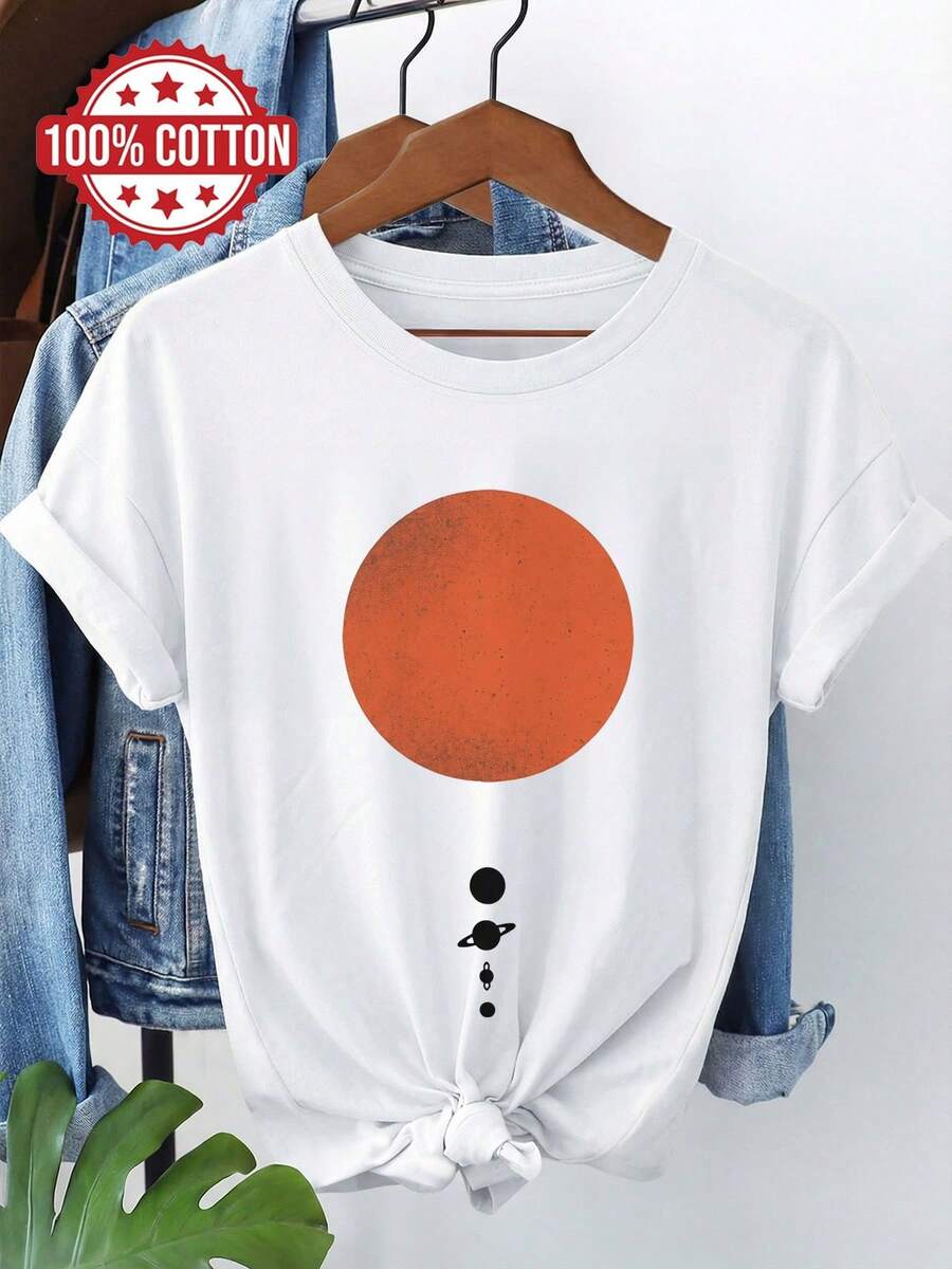 Camiseta extragrande para mujer para primavera/verano, estilo minimalista con estampado de sol, planeta y estrella, ajuste holgado casual de manga corta, cuello redondo y hombros caídos