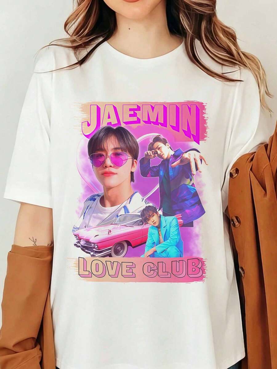 Jaemin NCTS Dream Love Club K-Pop Merch T-Shirt, NCTS Dream Na Jaemin Love Club T-Shirt, Short-Sleeved Graphic Print T-Shirt, Pink Y2K Vaporwave Style Sunglasses For Men And Women, Casual Streetwear - White - View 1
