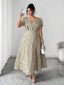 Vestido maxi de mujer talla grande con elegante estampado floral jacquard, cuello cuadrado y cintura ceñida.Adecuado para volver al colegio, graduación, San Valentín, Navidad, festivales de música, Día de la Madre, Halloween, Acción de Gracias, Pascua, baile de graduación, citas, temporada de bodas, excursiones al aire libre - Multicolor - Ver 4