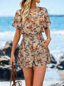 Camisa de mujer con hombros caídos, cintura ceñida y dobladillo, y shorts de mujer decorados con bolsillo, estampado floral, conjunto elegante casual de vacaciones - Multicolor 2 - Ver 7