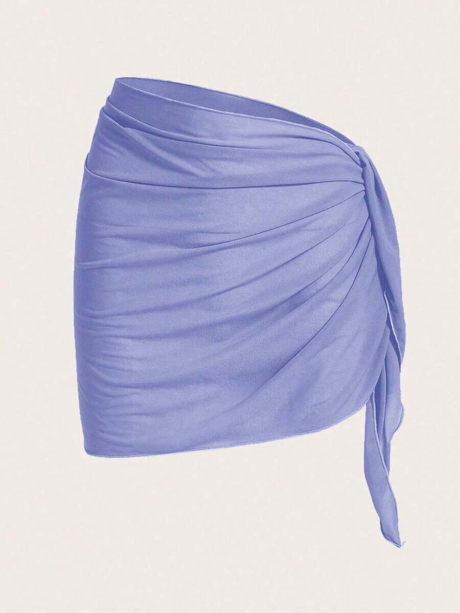 Falda plisada de unicolor, versátil y casual para cubrir el traje de baño - Azul - Ver 1