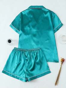 Conjunto de pijama de 2 piezas con camisa de manga corta con solapa y pantalones cortos con moño, ropa de dormir para mujer, conjunto de dos piezas - Verde Oscuro - Ver 2