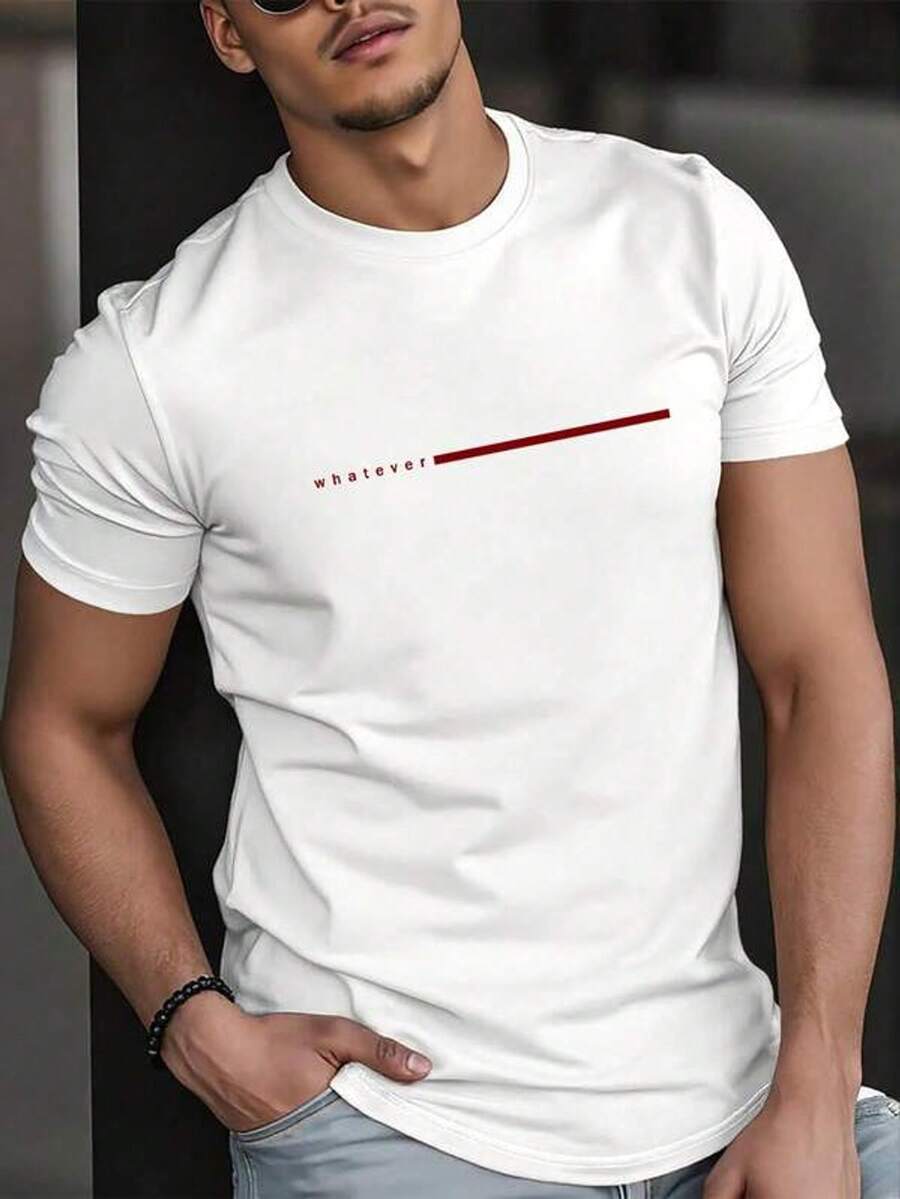 Manfinity Homme Men's Classic Solid Color Crew Neck Short Sleeve T-Shirt, Small Striped Design With The Inscription "WHATEVER", Versatile Casual T-Shirt. - Putih - View 1