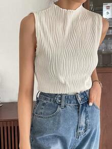 Blusas de tirantes de cuello alto de verano de tela con textura uniforme, casuales pero elegantes - Beis - Ver 1