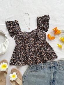 estilo babydoll holgado de cuello cuadrado para mujer "WYWH Vacation" - Top estilo babydoll de cuello cuadrado con estampado floral azul y mangas con volantes - Multicolor - Ver 8