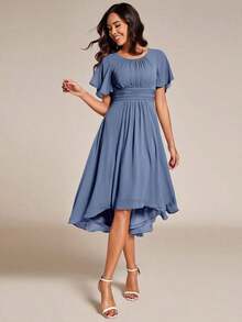 Vestido de dama de honor de gasa con pliegues y mangas con volantes, vestido de noche elegante para invitados de boda en primavera - Niebla azul - Ver 3