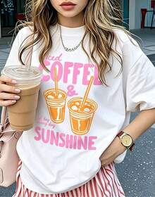 Playera holgada para mujer con lindo estampado de café helado y sol, cuello redondo y manga corta, estilo súper cómodo y relajado, ideal para verano, salir a pasear, ir a la playa y usar a diario con look casual muy a la moda A6FO - Blanco - Ver 9