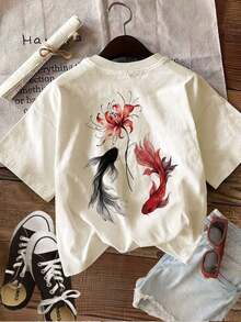 Edición Limitada: Ropa de Verano para Mujer con Estampados de Doble Cara en un Nuevo Estilo, con Diseños de Koi y Flores. Camiseta Casual de Manga Corta y Cuello Redondo de Algodón Ligero. - Albaricoque - Ver 2