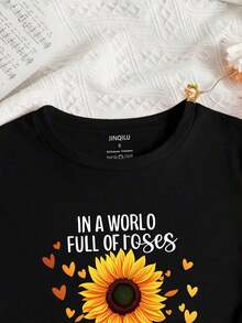 Camiseta de manga corta con cuello redondo para mujer, estampado de girasoles, suave y con caída, adecuada para uso diario, oficina, escuela, vacaciones, camping, de estilo versátil, que hace que tu verano sea más vibrante y colorido. - Negro - Ver 4