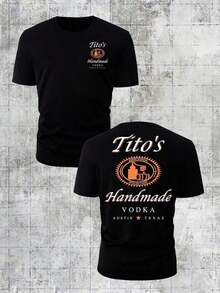 180g Pure Cotton Loose Crew Neck Tee, Tito's Handmade Vodka "Austin Texas" Badge Graphic, Classic Black, Summer Casual Wear - Black - View 1