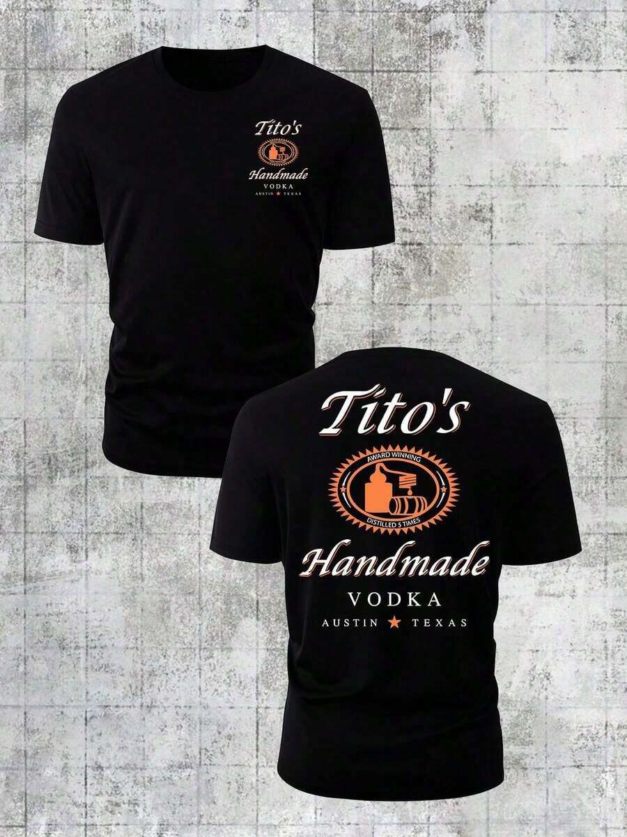 180g Pure Cotton Loose Crew Neck Tee, Tito's Handmade Vodka "Austin Texas" Badge Graphic, Classic Black, Summer Casual Wear - Black - View 1