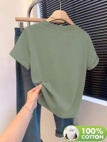Women's 100% Cotton Embroidered Short-Sleeved T-Shirt With A Round Neck, Made From Soft, Skin-Friendly, Breathable, And Comfortable Fabric. Ideal For Year-Round Wear, Perfect For Casual Outings, Machine Washable, And Ideal For Art And Design Lovers With A Unique Style. - 綠酪梨 - 查看 3