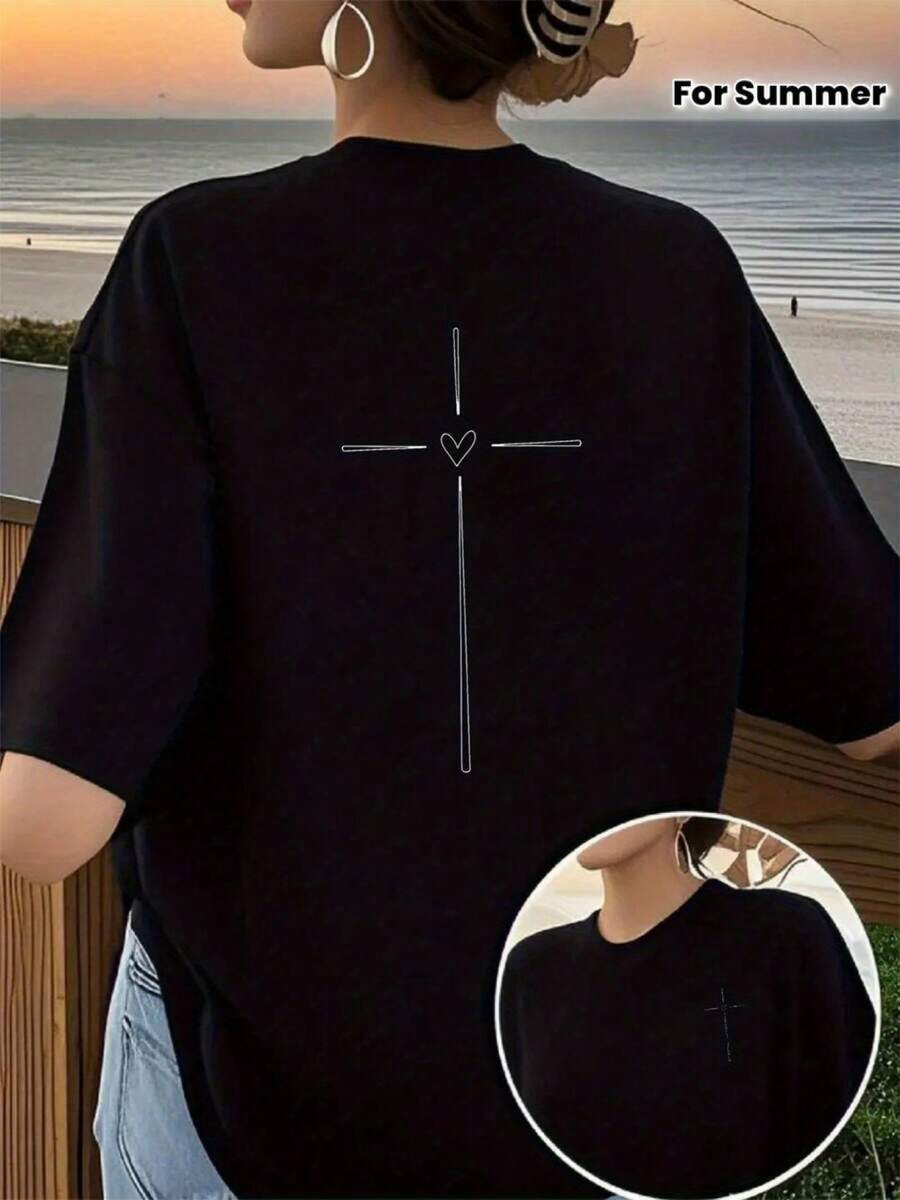 Y2K Black T-Shirt With Minimalist Cross And Heart Design On The Back, Perfect For Summer. Ideal For A Casual And Modern Look. Highlight Your Unique And Contemporary Style. Get This Essential Garment And Brand! G9LL - 黑色 - 查看 1