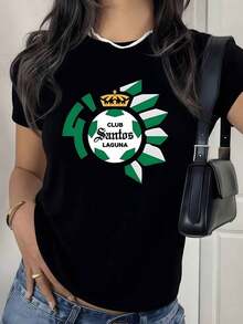 100% Cotton. Symbol Of Energy And Sporting Pride Inspired By The Winning Spirit Of The Club Represented With A Golden Crown And Green Petals. Women's 100% Cotton T-Shirt. Women's Simple Solid Color T-Shirt, Loose And Slim Fit Casual Short Sleeve - 黑色 - 查看 1