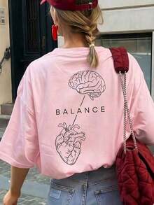 Women's Casual T-Shirt, Brain And Heart Anatomy Print, Loose And Oversized Fit, Urban Style, Round Neck, Short Sleeve, Ideal For Daily Commuting, City Walks, Summer Outings, Meetings With Friends, Weekend Brunches - 粉色 - 查看 1