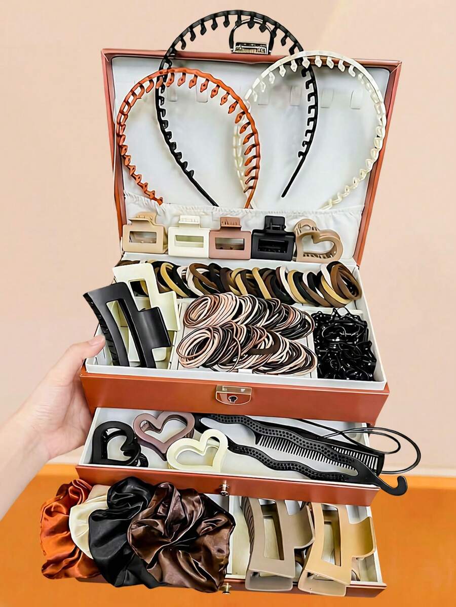 613/100/4/Set Maillard Color Hair Accessories Set, Multiple Styles Claw Clips, Hair Hoops, Matte ABS + Faux Silk Satin, Non-Slip Hair Hoops, Hair Claw, High Elastic Hair Ties, Korean Versatile Suitable For Women & Girls, Fit For Daily, Date, School, Vacation, Beach, Party, Holiday, Gift,Ponytail Holders,Hair Elastics - Multicolor - View 1