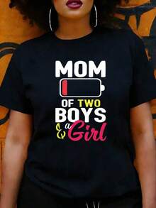 Camiseta de Estilo Casual para Mujer con Diseño Gráfico de Mamá de Dos Niños y una Niña, para Uso Diario en Verano y Primavera, Regalo para Madre de Tres Niños - Negro - Ver 1