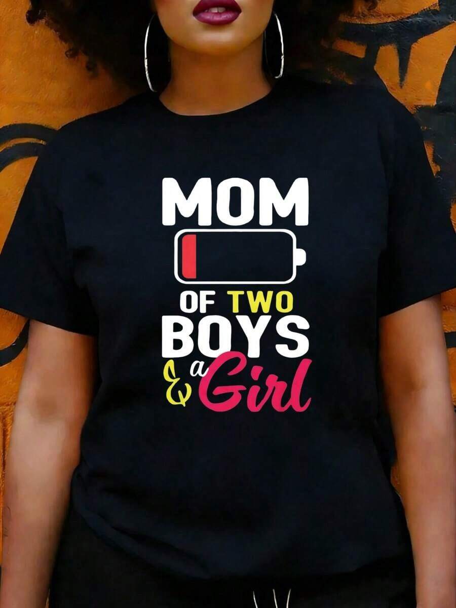 Camiseta de Estilo Casual para Mujer con Diseño Gráfico de Mamá de Dos Niños y una Niña, para Uso Diario en Verano y Primavera, Regalo para Madre de Tres Niños - Negro - Ver 1