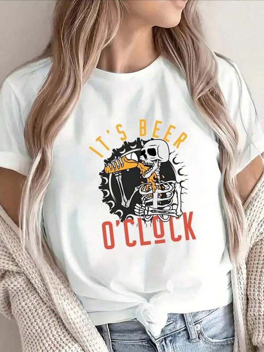 Camiseta de manga corta con cuello redondo y estampado para mujer Es la Hora de la Cerveza Diseño de Esqueleto S-3XL moda, cómodo y transpirable unio lavable a máquina