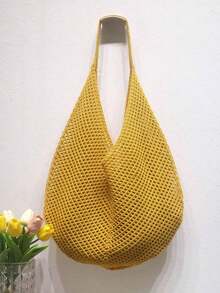 Bolso de hombro de gran capacidad de ganchillo - Bolso de mano tejido ligero y multifuncional, en beige, rosa, marrón, negro, adecuado para viajes, playa, vacaciones y uso diario, bolso gran - Albaricoque 3 - Ver 2