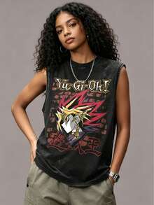 Men's Vintage Washed Black Sleeveless Tank Top,  Yugi Anime Graphic Print, Classic Japanese Trading Card Game Streetwear Muscle Shirt, Casual Loose Fit Cotton Blend Workout Vest For Anime Fans, Summer, And Daily Casual Outfits - 黑色 - 查看 6