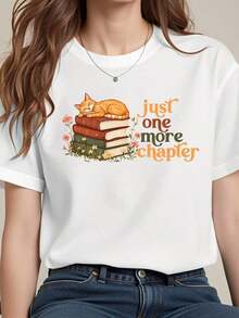 Round Neck T-Shirt With Cat And Book Print, Casual And Comfortable Style With Floral Details, Ideal For Book Lovers And Reading Enthusiasts, Perfect For Daily Use At Home Or In A Cafe. - 白色 - 查看 1
