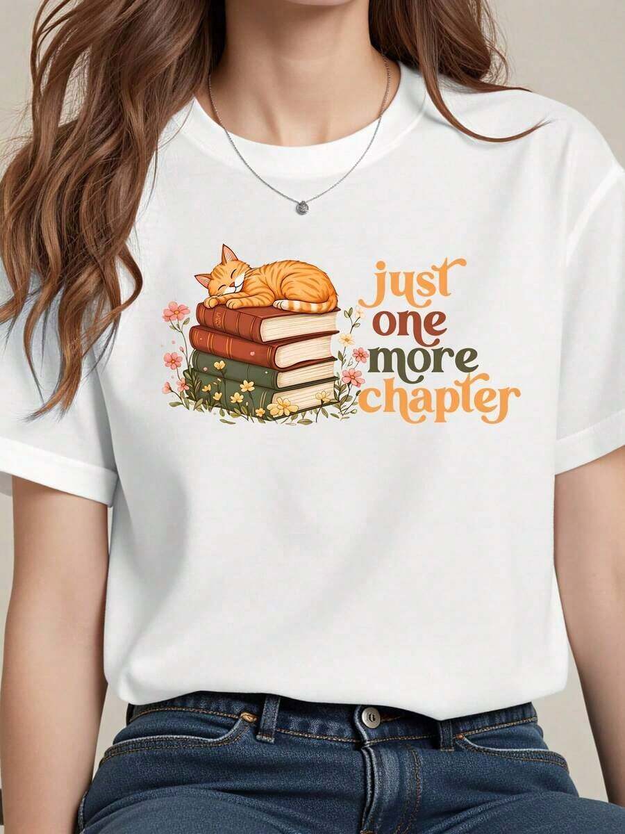 Round Neck T-Shirt With Cat And Book Print, Casual And Comfortable Style With Floral Details, Ideal For Book Lovers And Reading Enthusiasts, Perfect For Daily Use At Home Or In A Cafe. - 白色 - 查看 1