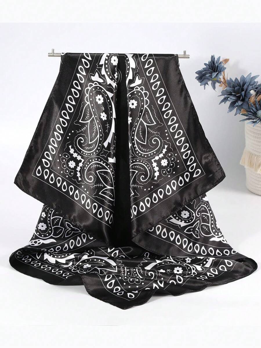 1 chiếc khăn trùm đầu/khăn choàng lớn bằng satin chất lượng cao, dài 70cm, in họa tiết kiểu Ba Tư, phụ kiện mùa hè đi biển, lễ hội. - màu đen - Xem 1