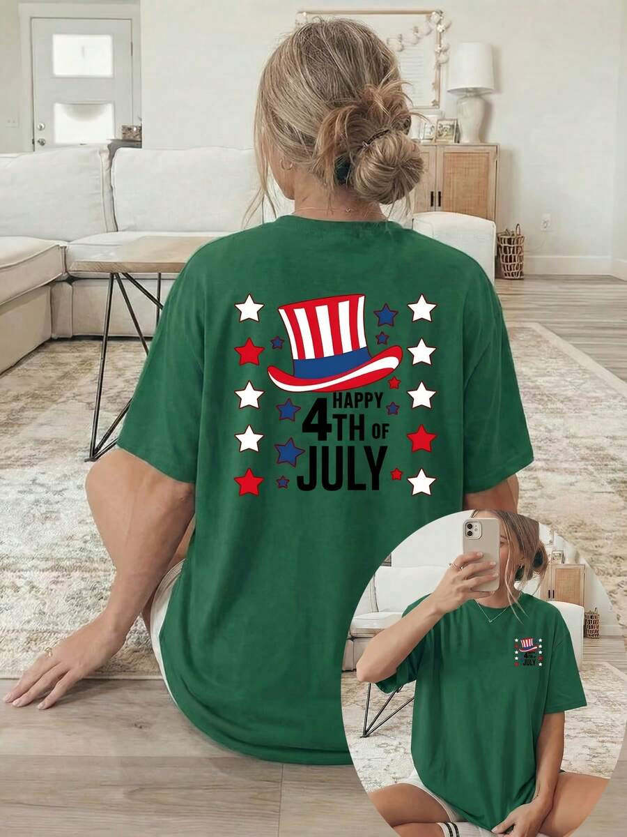 [Double-Sided Print] Women's Short-Sleeved, Crew-Neck T-Shirt In A Casual Style, Featuring A US Independence Day Print That Combines The Star-Spangled Banner With Star-Shaped Text. Machine Washable, Suitable For Casual Wear, Versatile Clothing, A  And Fashionable T-Shirt Made Of Comfortable Material, Perfect For Fashion Enthusiasts. - 綠色 - 查看 1