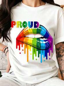 Camiseta de Mujer con Estampado de Labios Arcoíris Orgullosos, Camiseta de Orgullo Gay Lésbico LGBTQ, Ropa para Celebración de Festivales, Top Casual Unisex para el Verano - Blanco - Ver 7