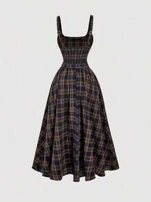 MOD Vestido de mujer con tirantes de cuadros, informal y elegante con la cintura definida y sin mangas - Multicolor - Ver 2