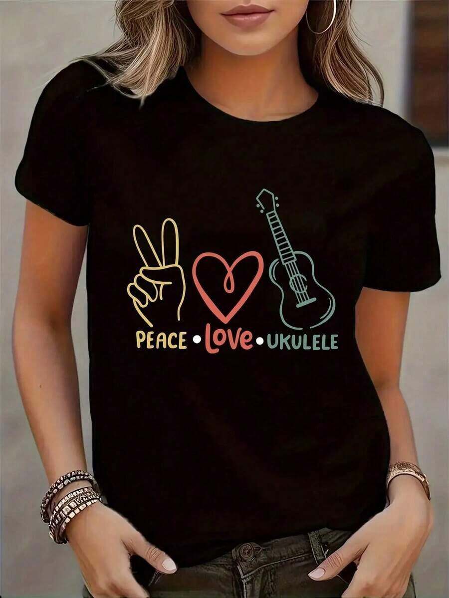Camiseta Casual con Estampado Gráfico para Mujer - Manga Corta, Cuello Redondo, con Diseño Colorido de Paz, Amor y Ukelele, Perfecta para Primavera y Verano, Ropa Casual de Primavera |     Camiseta con Diseño Vibrante |     Manga Corta - Negro - Ver 1