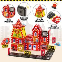 51pcs Magnetic Fire Truck Building Blocks Set With Iron Box, Portable Travel Magnetic Construction Toys, STEM Educational Magnetic Tile Road Kit - Suitable For Children 3+ Years Old, Birthday Gift - Multicolor - View 4