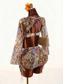 Conjunto de 3 piezas de traje de baño para mujer, top con escote pronunciado y manga larga sin espalda, falda con pliegues laterales y bikini, manga acampanada, adecuado para vacaciones y playa - Multicolor - Ver 1