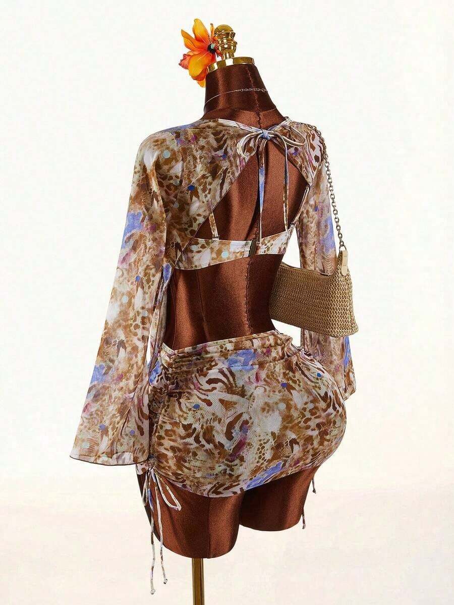 Conjunto de 3 piezas de traje de baño para mujer, top con escote pronunciado y manga larga sin espalda, falda con pliegues laterales y bikini, manga acampanada, adecuado para vacaciones y playa - Multicolor - Ver 1