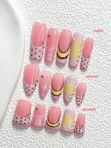10Pcs Gentle Style Handmade Nail Art Set,Unghie Press On,White Round Diamond Nail Art Accessories,Polka Dots,Pink,Yellow And Brown Nail Polish,Includes Nail Tools,3 Sizes Available,Almond Nails,Duck Nails,Coffin Nails For Party,Dance,Daily Wear. - Multicolor - View 1