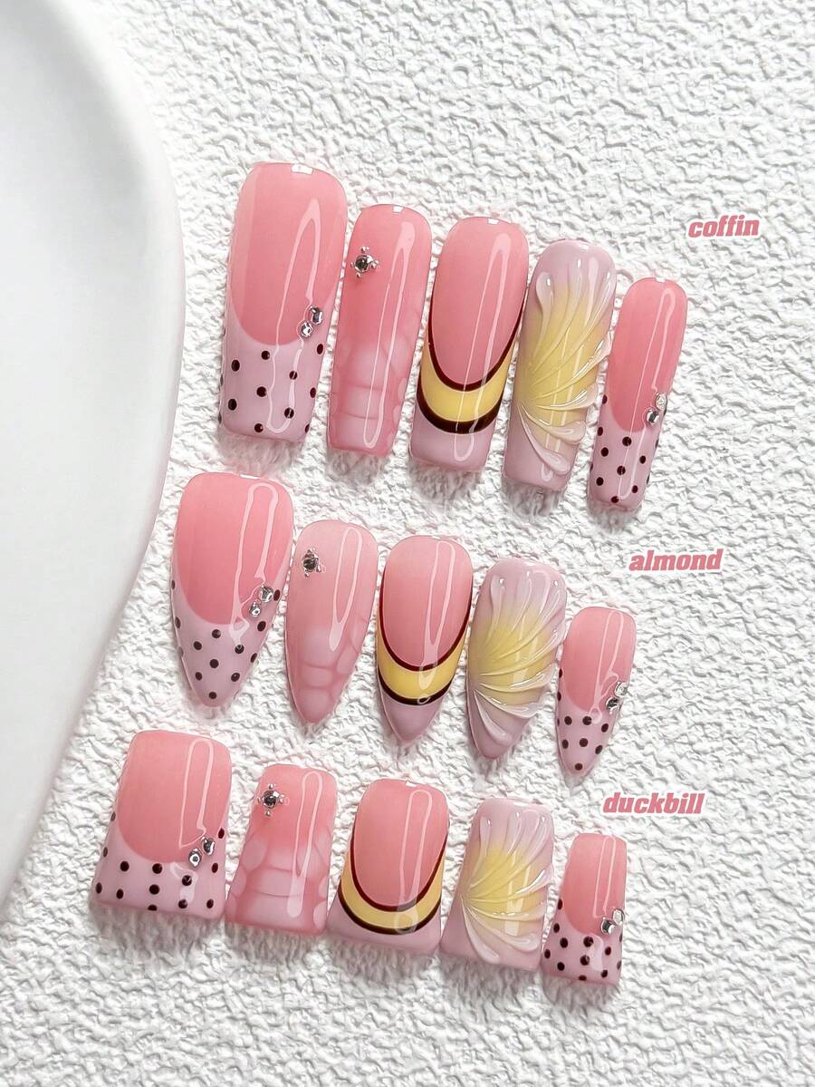10Pcs Gentle Style Handmade Nail Art Set,Unghie Press On,White Round Diamond Nail Art Accessories,Polka Dots,Pink,Yellow And Brown Nail Polish,Includes Nail Tools,3 Sizes Available,Almond Nails,Duck Nails,Coffin Nails For Party,Dance,Daily Wear. - Multicolor - View 1