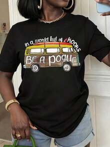 1 Piece Of Women's Summer T-Shirt With Graphic Print "Van Life Be A Pogue", Casual Short Sleeve Crew Neck T-Shirt For Spring And Summer, Gift For Friends And Family. - 黑色 - 查看 6