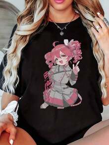 Camiseta de manga corta estilo Y2K japonés para mujer, con estampado de banda/gráfico/anime/dibujos animados/texto, camiseta de algodón con cuello redondo para mujer, camiseta gráfica adecuada para uso diario, regalo perfecto para las fiestas, regalo de cumpleaños, regalo para fans, estilo vintage, unisex, clásica y nostálgica, versátil y a la moda, hecha de tela de algodón cómoda con un tacto delicado y suave. Con un diseño sencillo pero elegante, lavable a máquina - Camiseta versátil para el día a día y ocasiones especiales. Adecuada como regalo. playera de mujer. blusas>elegantes. boho chic,Top de mujer suave, transpirable y cómodo, ideal para primavera, verano y otoño, perfecto para vacaciones, viajes y uso diario. - Negro - Ver 1