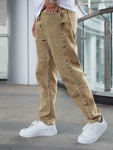 Men's Solid Color Casual Straight Leg Jeans - Khaki - View 4