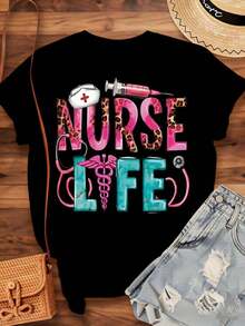 Nurse Life Leopard Print Medical Theme T-Shirt For Nurses Healthcare Workers And Medical Professionals Featuring Caduceus Stethoscope Syringe And Nurse Hat Design Perfect For Nursing School Graduation Or Nurse Appreciation Day,220g-Vintage Street Style Unisex Loose Cotton Short Sleeve Crew Neck T-Shirt100%cotton - Negro - Ver 4