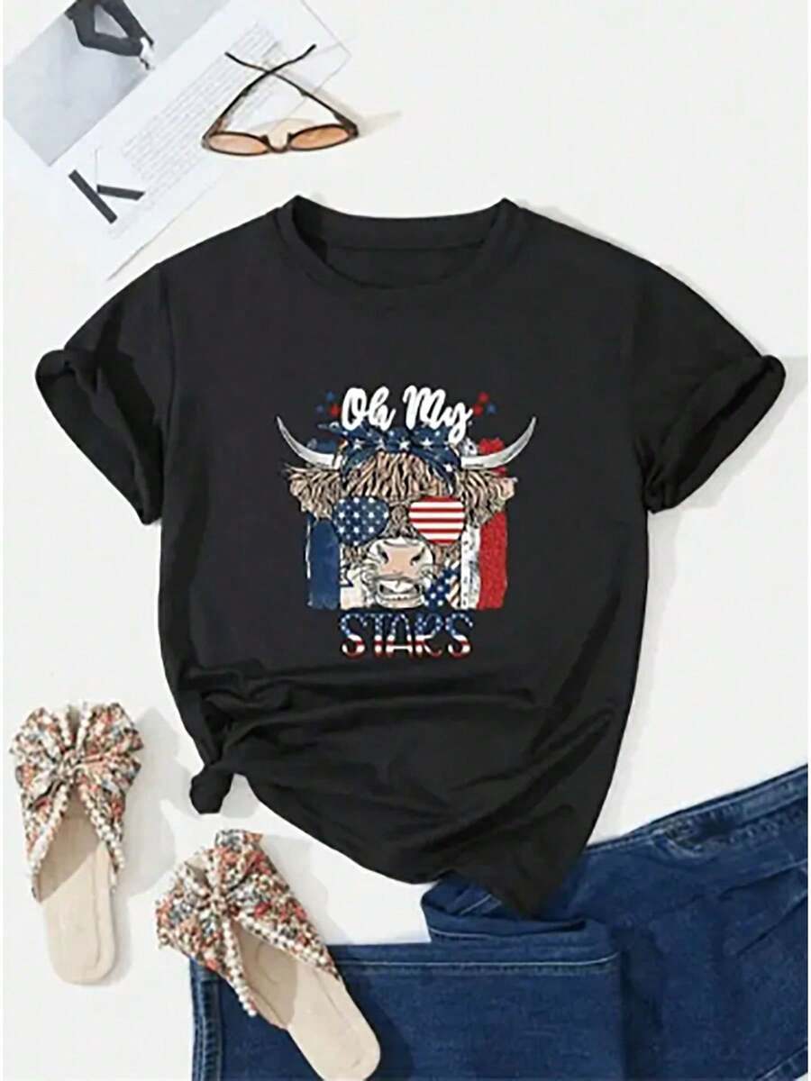 Loose-Fitting Women's T-Shirt With American Flag Print Featuring A Bull's Head Wearing Glasses - 黑色 - 查看 1