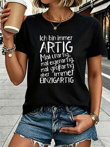 Women's T-Shirt "Ich Bin Immer Artig Mal Unartig" - Casual Short-Sleeved Round Neck Top With Letter Print, Spring Summer Blouse Suitable For Parties, Travel And Casual Wear, Not Machine Washable - 黑色 - 查看 1