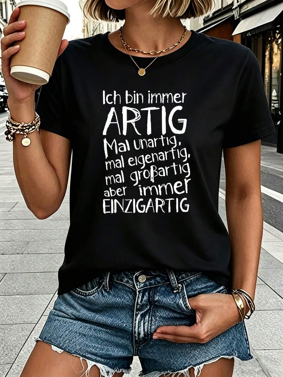 Women's T-Shirt "Ich Bin Immer Artig Mal Unartig" - Casual Short-Sleeved Round Neck Top With Letter Print, Spring Summer Blouse Suitable For Parties, Travel And Casual Wear, Not Machine Washable - 黑色 - 查看 1