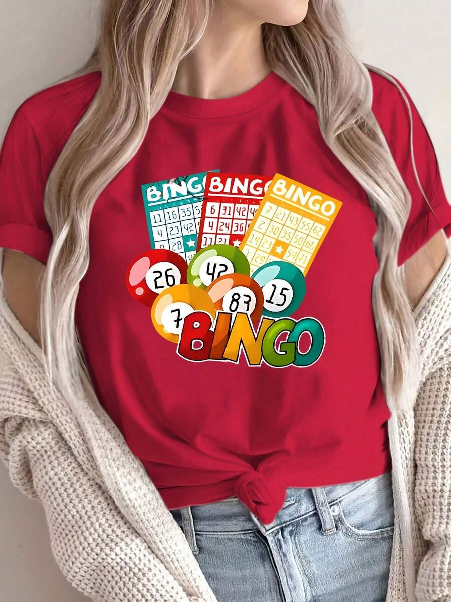 Women's Casual Spring/Summer Top With A Round Neck And Short Sleeves, Featuring A Bingo-Themed Design Including Numbered Balls And The Word "Bingo". Made From Breathable, Machine-Washable Fabric, This T-Shirt Is Suitable For Year-Round Comfort. - 紅色 - 查看 1