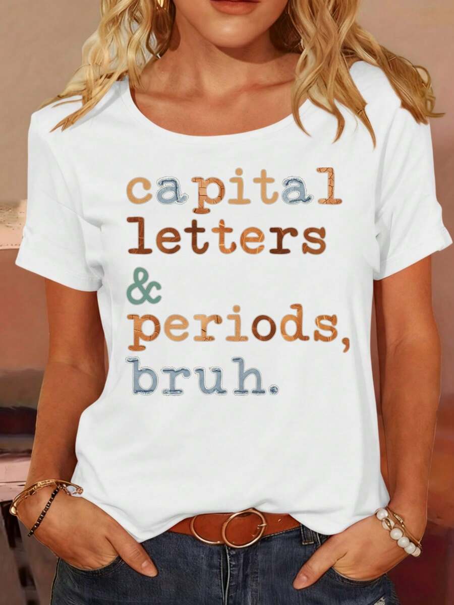 Women's T-Shirt With A Creative And Fun Letter Print, Made Of Breathable Fabric, Suitable For Casual Spring And Summer Outdoor Wear, Stylish For Holiday Parties, Urban Fashion, Easy To Match. - 白色 - 查看 1