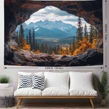 1pc Large Autumn Cave Landscape Tapestry - Realistic Nature Scene Print Wall Hanging, Durable Brushed Fabric, Suitable For Bedroom Decor, Holiday Gift And Party Backdrop (No Electricity Needed), Forest Theme Decoration. - A - View 5