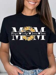 1 camiseta personalizada para mamá, camiseta de mamá con girasoles, camiseta para el Día de la Madre, camiseta con nombre de mamá, regalo para mamá, camiseta de mamá con estampado de leopardo, regalo personalizado para mamá, regalo personalizado para cumpleaños/Día de la Madre/festividades/vida cotidiana, 100% algodón, tallas S-2XL, transpirable y cómoda. - Negro - Ver 1